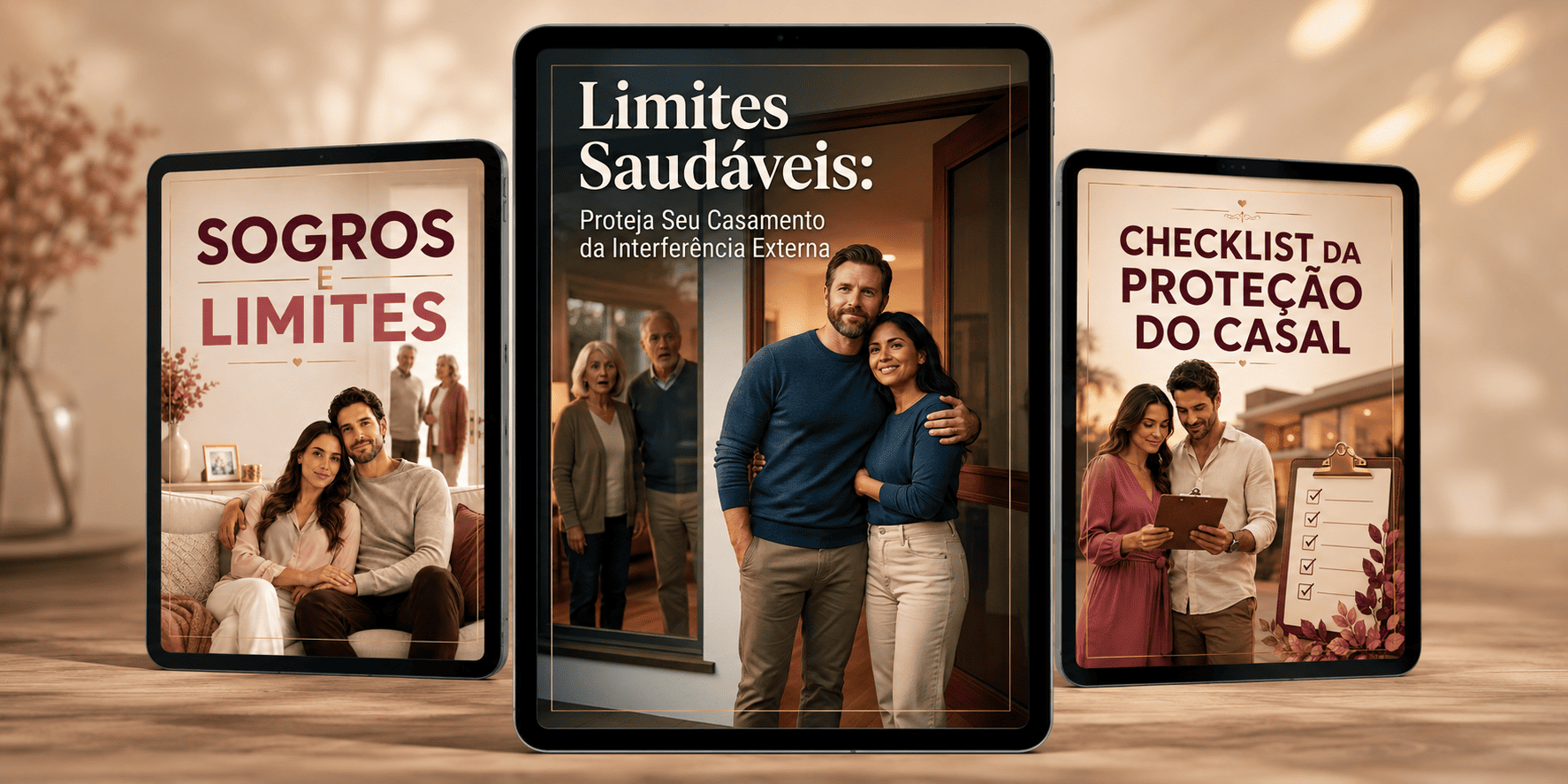 Três mockups: Sogros e Limites, Limites Saudáveis e Checklist da Proteção do Casal